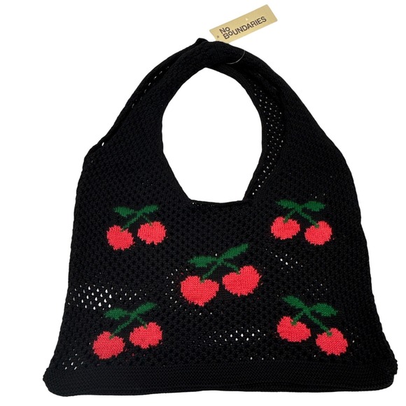 Women Black Crochet Shoulder Tote Bag Boho Summer Cherrycore Festival Hippie 70s - Picture 5 of 6